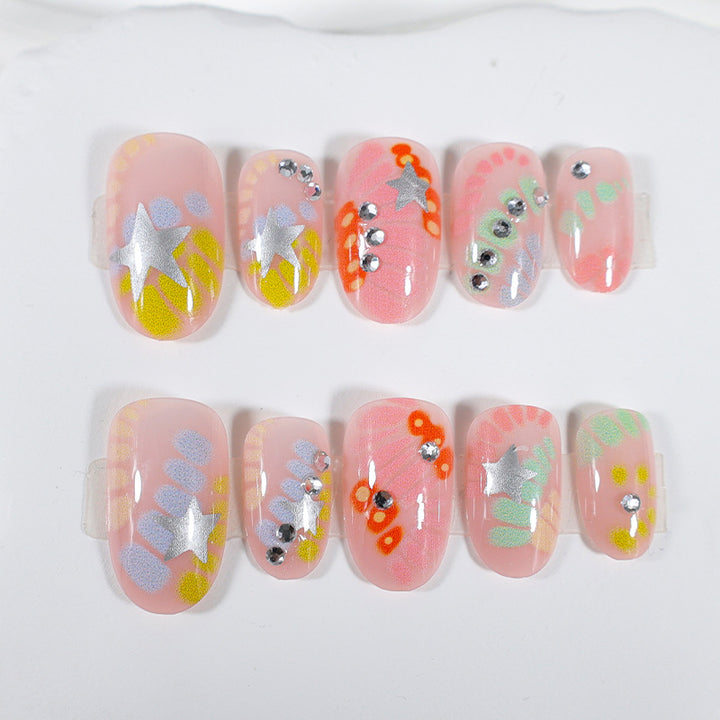 Acrylic nail set with creative designs and glitter accents Stornfield