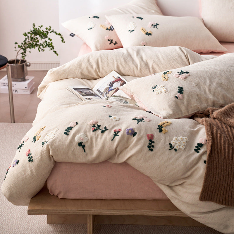 Hand-Tufted Floral Appliqué Linen Duvet Cover and Pillow Sham Set