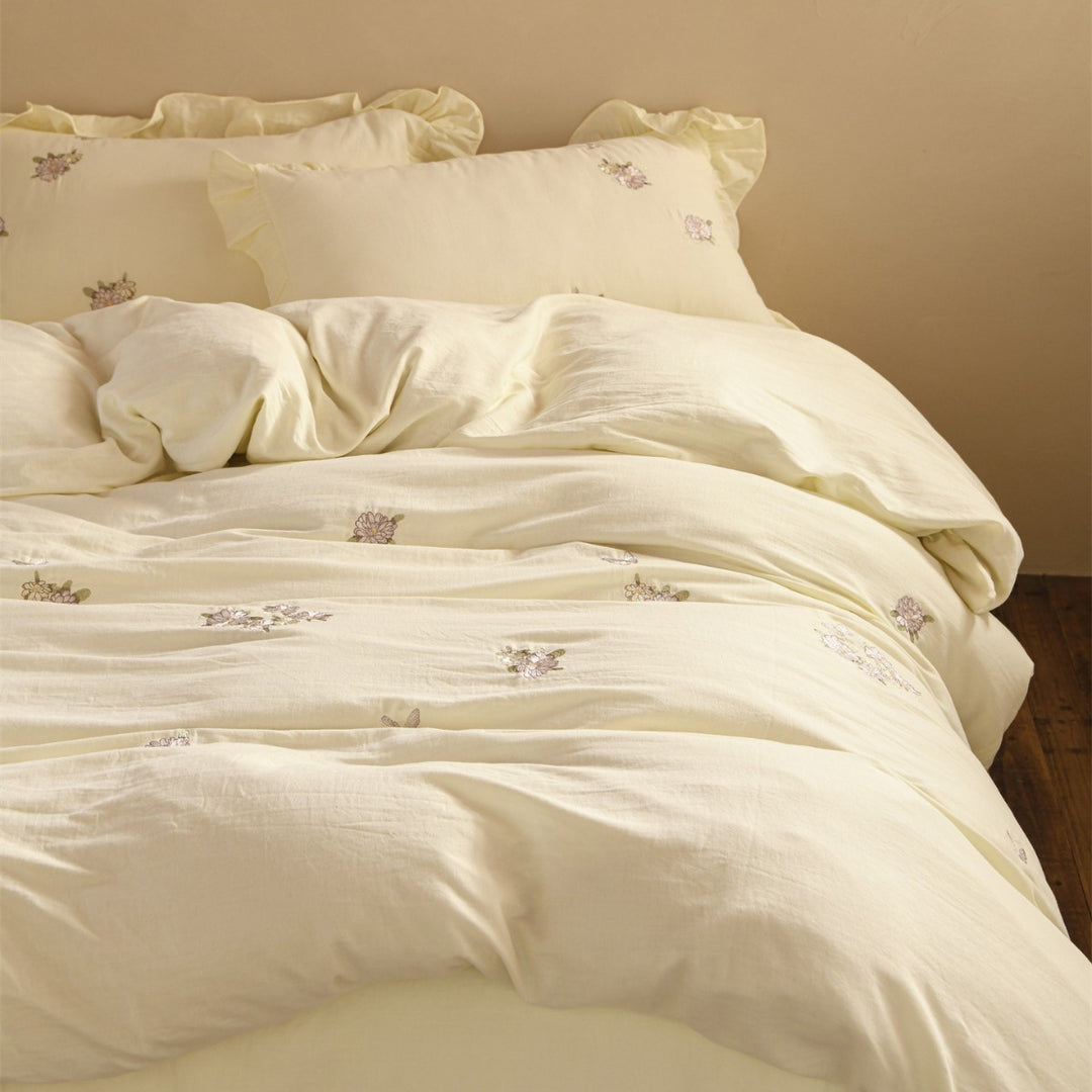 Embroidered Botanical Cotton-Linen Blend Ruffled Pillow Sham Duvet Cover Set