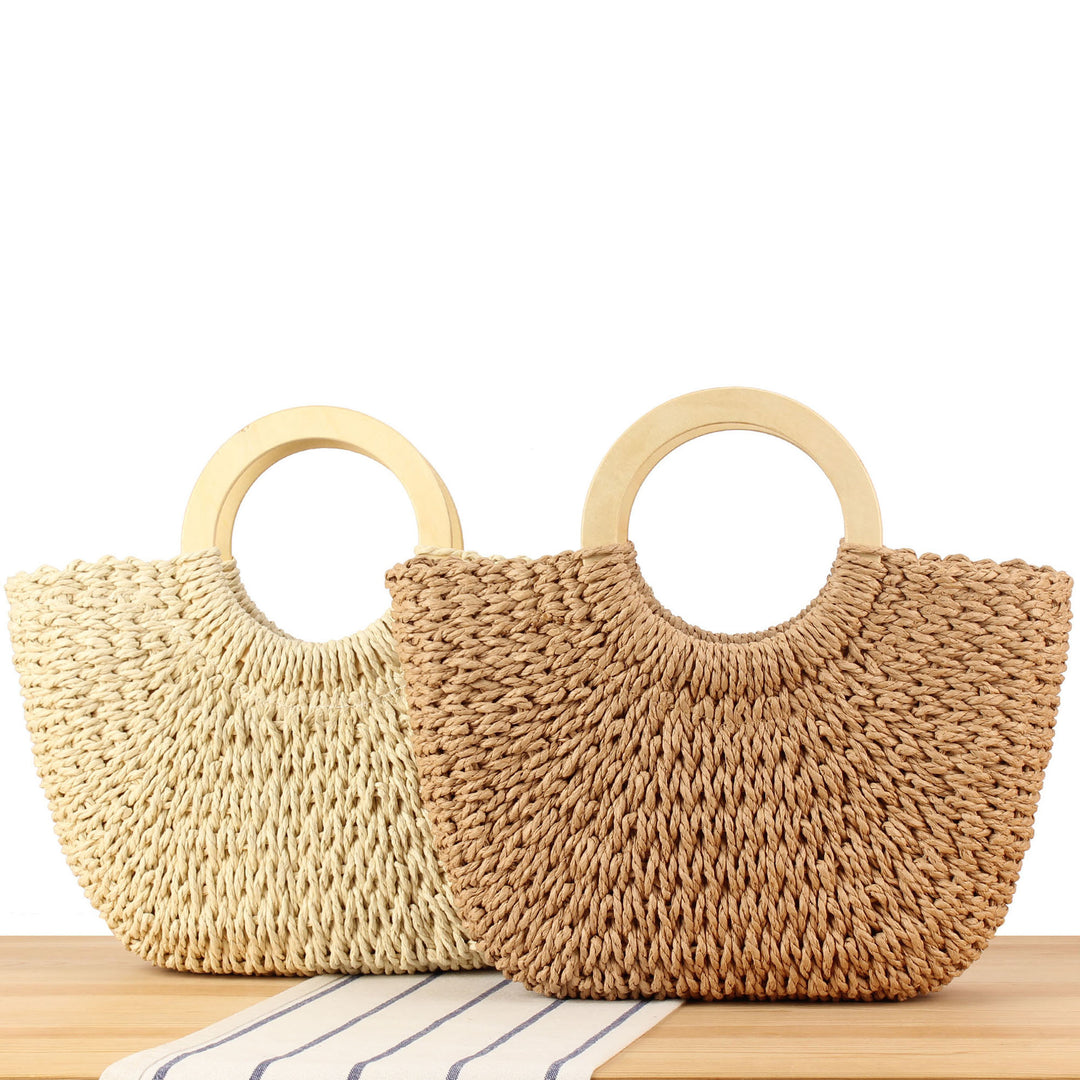 Braided raffia bag with round wooden handles Stornfield