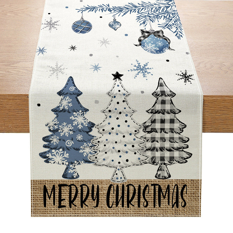 Linen-Texture Cotton-Blend Christmas Table Runner with Burlap Trim and Winter Tree Illustration