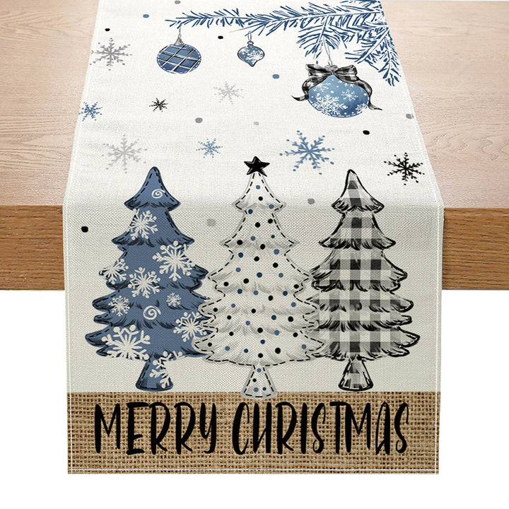 Linen-Texture Cotton-Blend Christmas Table Runner with Burlap Trim and Winter Tree Illustration