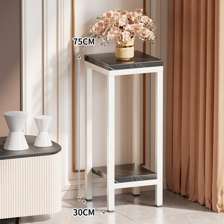 Tall Narrow Marble-Top Plant Stand Side Table with Lower Shelf and Gold Metal Frame