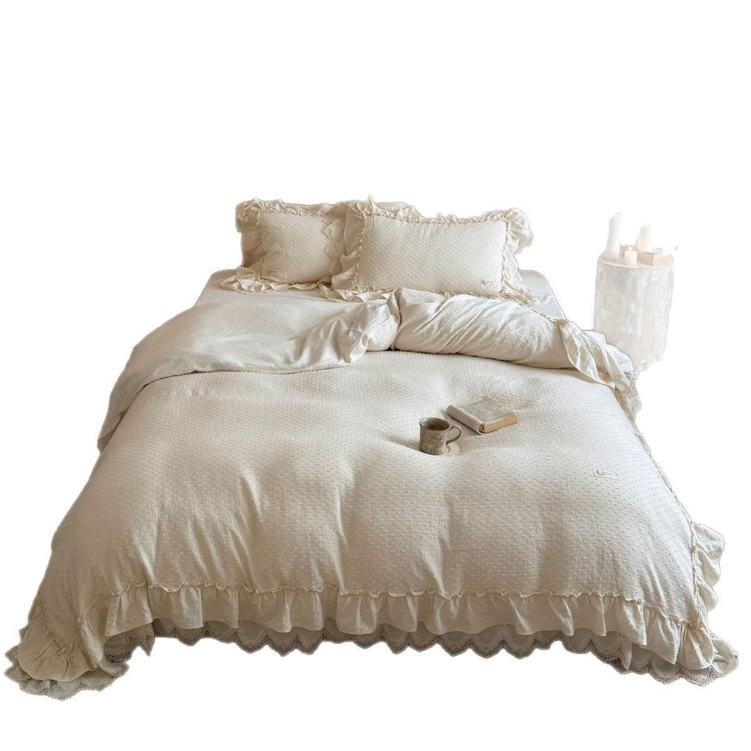 Ruffled Lace-Trim Cotton Duvet Cover Set with Decorative Pillow Shams