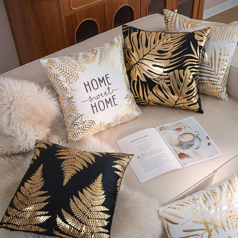 Decorative Square Throw Pillow Cover with Gold Foil Leaf Border and 'Home Sweet Home' Script