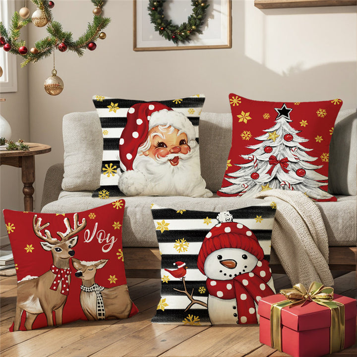 Square Cotton-Linen Holiday Tree Decorative Throw Pillow Cover with Candy-Cane Ornaments