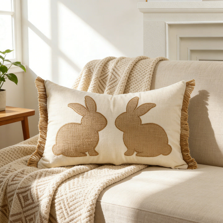 Tufted Bunny Appliqué Lumbar Throw Pillow Cover with Pom-Pom Tail