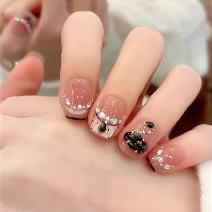 Elegant artificial nails with flower décor and glitter Stornfield