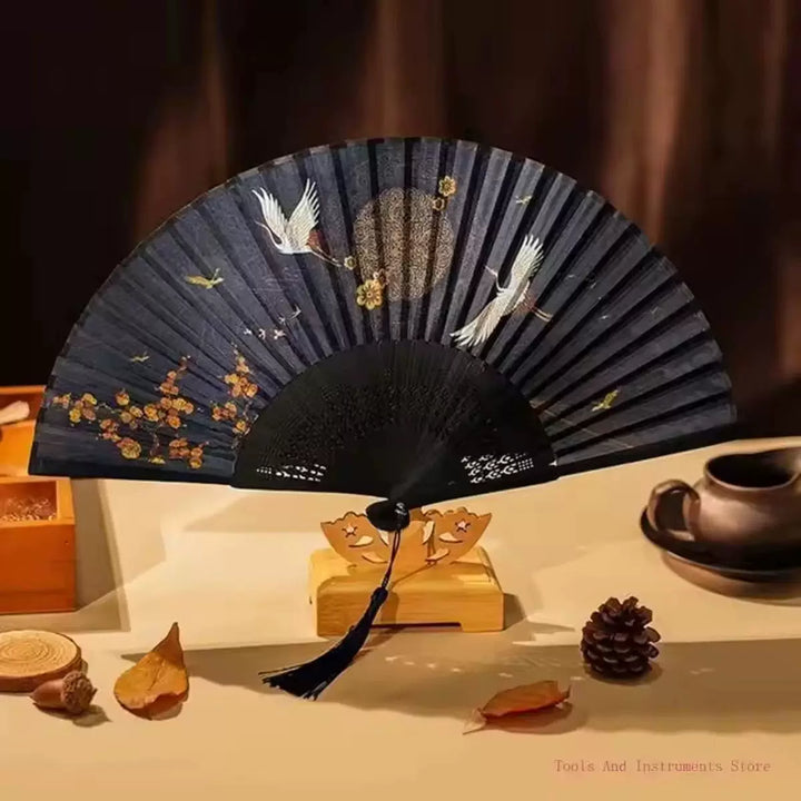 Women One Size hand-painted crane and plum blossom fan with carved wooden ribs and silk tassel Stornfield