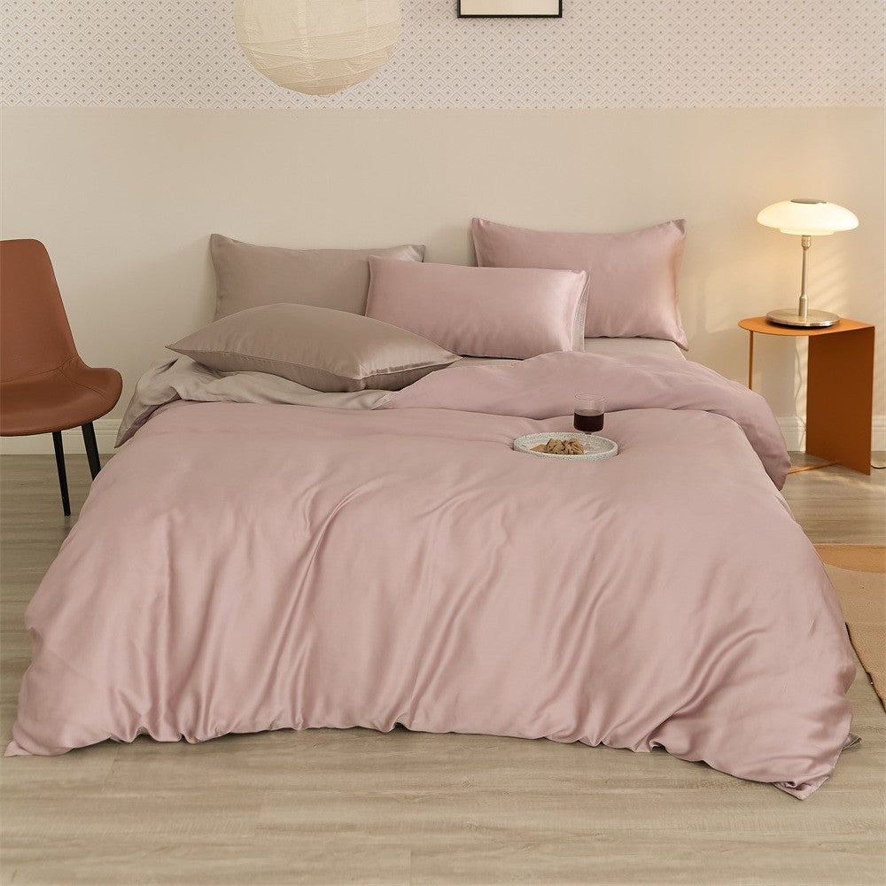Reversible satin bedding set with a silky glossy feel and skin-friendly cotton blend