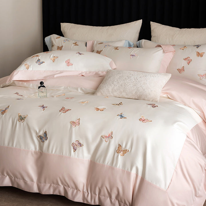 Luxurious cotton satin bedding set with embroidered butterfly appliqués