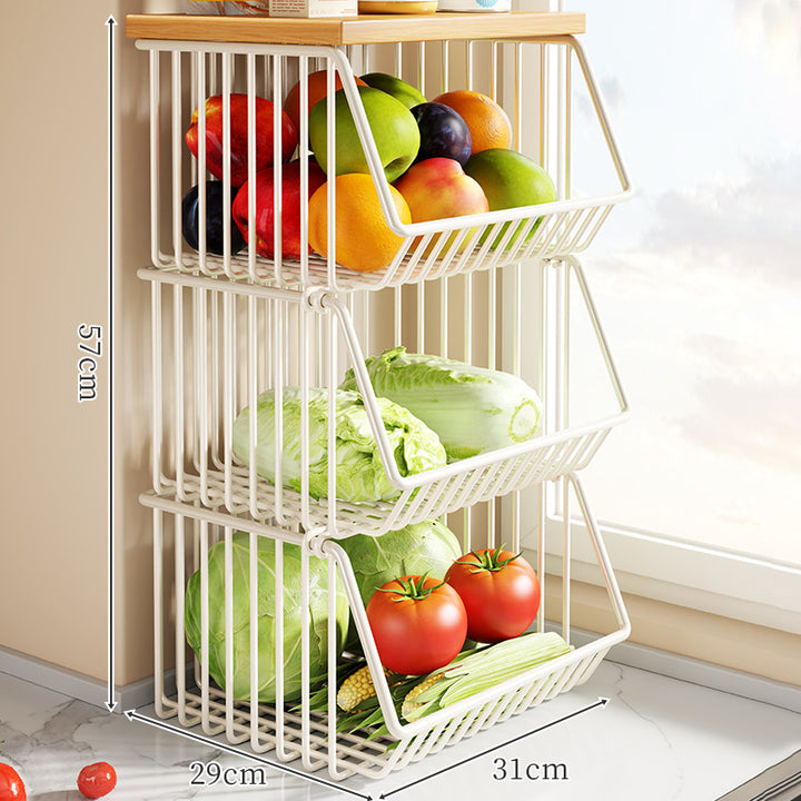Countertop Wooden-Top Metal Wire Produce Storage Basket with Front-Tilt Access