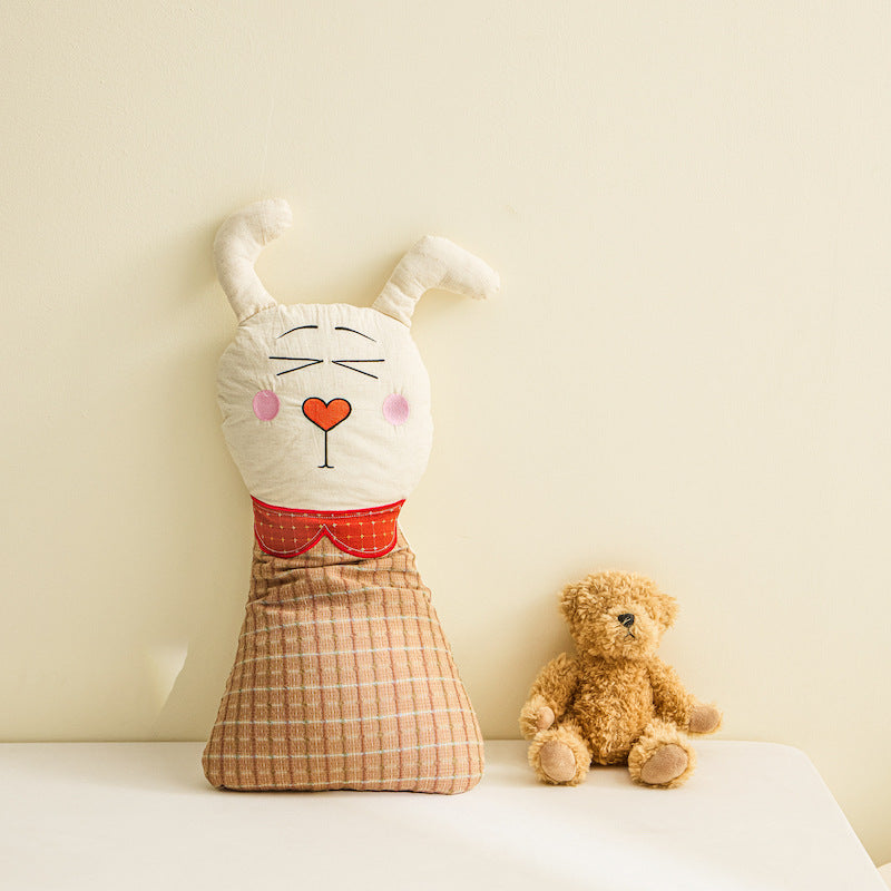 Plush Bunny Decorative Pillow Cushion with Embroidered Face and Plaid Body