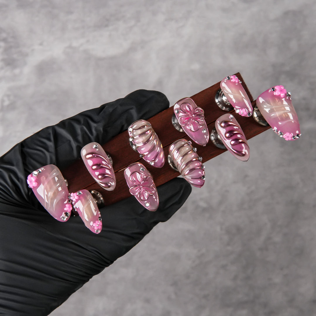 Artistic Press-On Nail Set with Jewel Accents