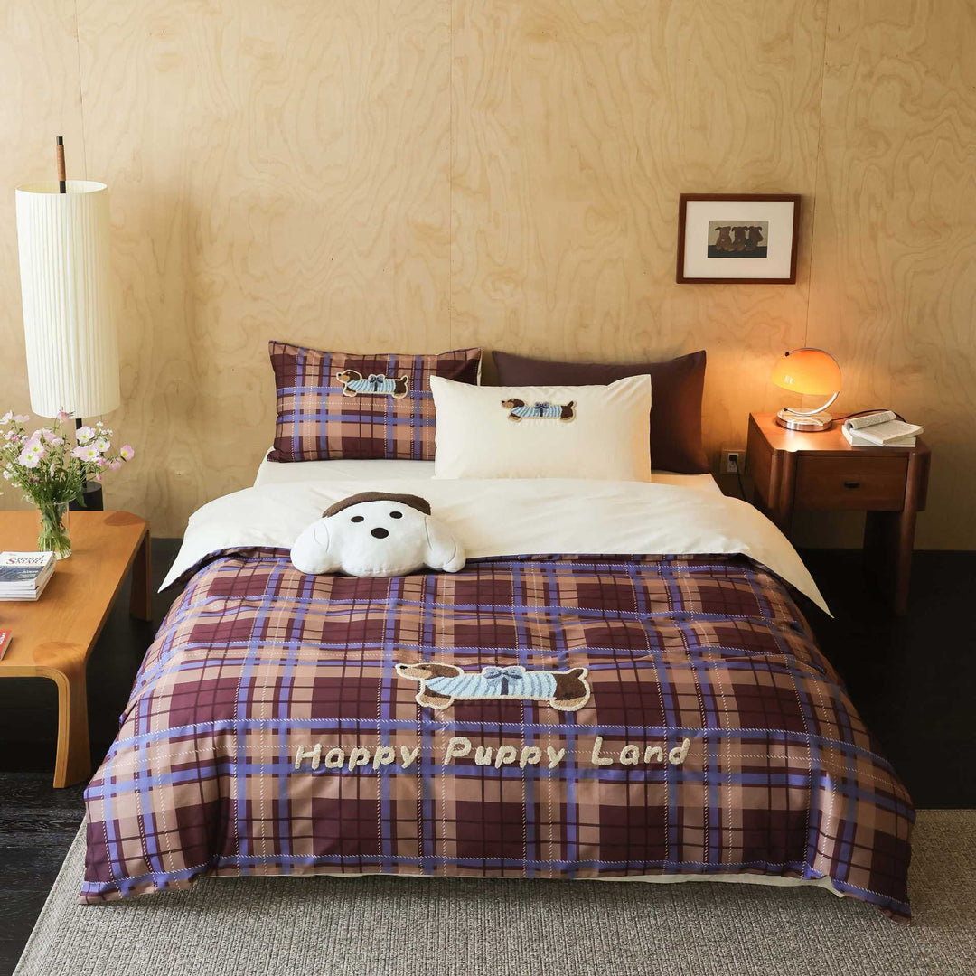 Plaid Puppy Embroidered Duvet Cover Set with Plush Appliqué & Pillow Shams