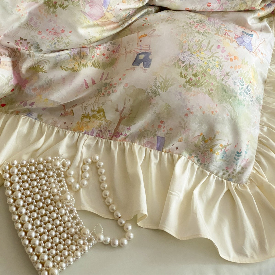 Luxury Ruffled Satin Duvet Cover Set with Pastel Floral Print and Pillow Shams