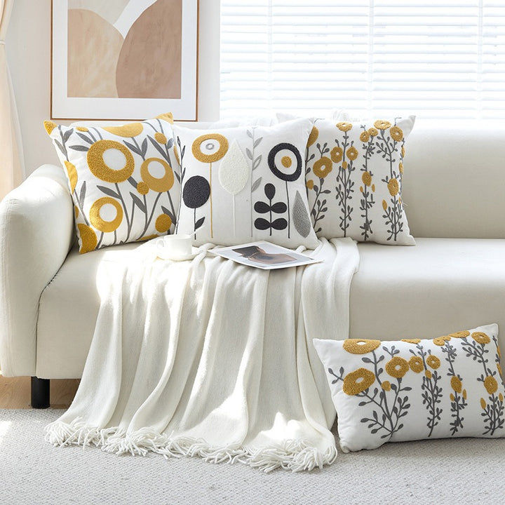 Tufted Floral Embroidered Cotton Throw Pillow Cover with Hidden Zipper