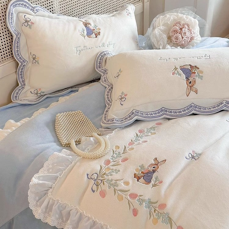 Embroidered Ruffled Duvet Cover Set with Decorative Shams and Bolster Pillow