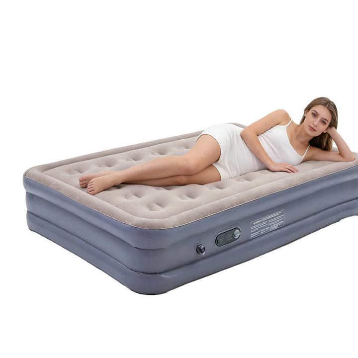electric inflatable single air mattress with integrated auto pump, flocked tufted sleeping surface and raised edge support Stornfield