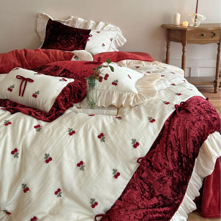 Luxurious Velvet Embroidered Cherry Ruffle Bedding Set