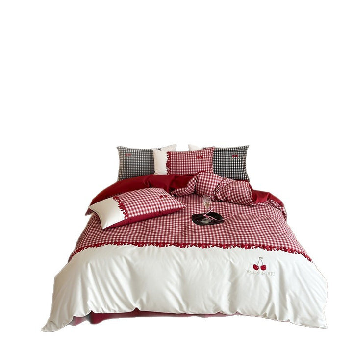 Gingham-Pattern Reversible Duvet Cover Set with Scalloped Ribbon Trim