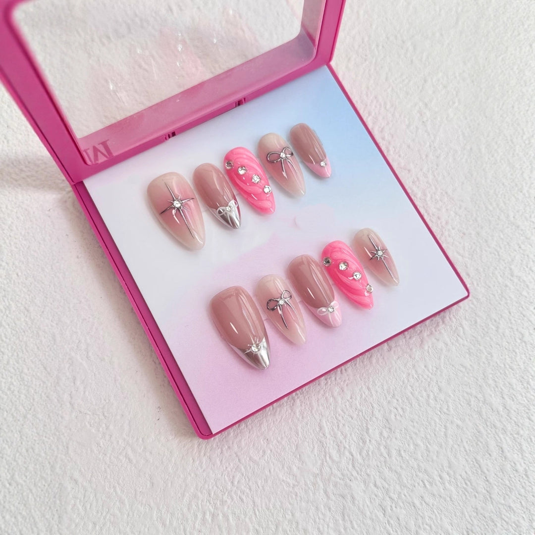 Luxury Press-On Nail Art Set with Decorative Gem and Bow Accents