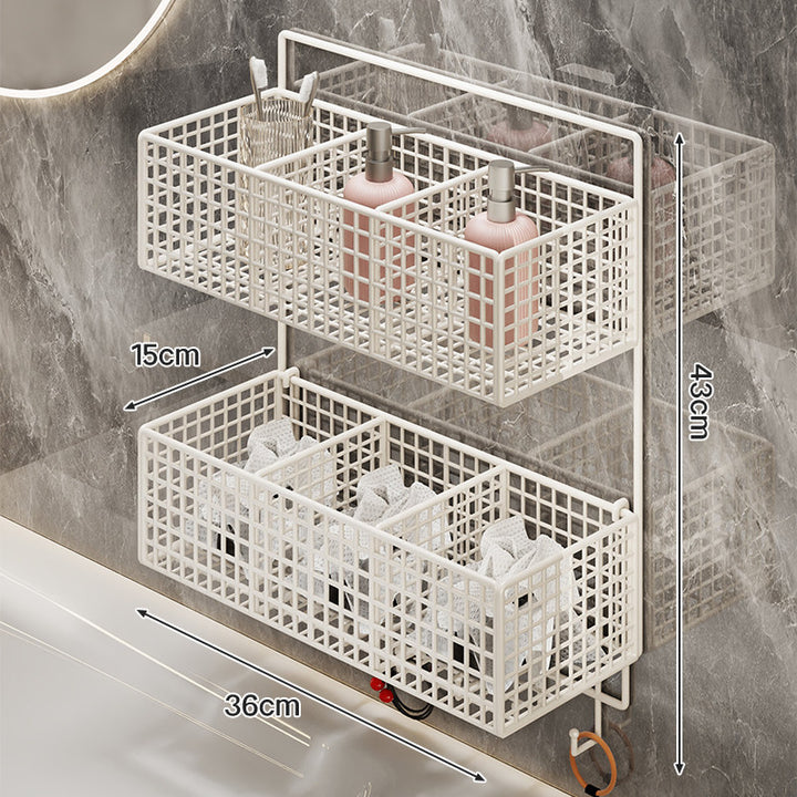 Wall-Mounted Metal Grid Bathroom Caddy with Triple Compartments Hooks and Drainable Base