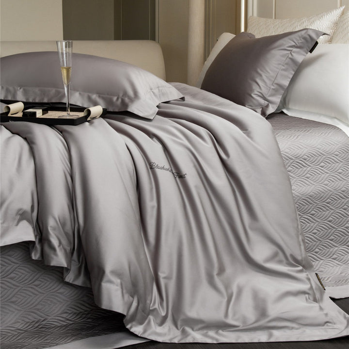 Luxury Cotton Sateen Duvet Cover Set with Embroidered Monogram and Deep-Pocket Pillow Shams