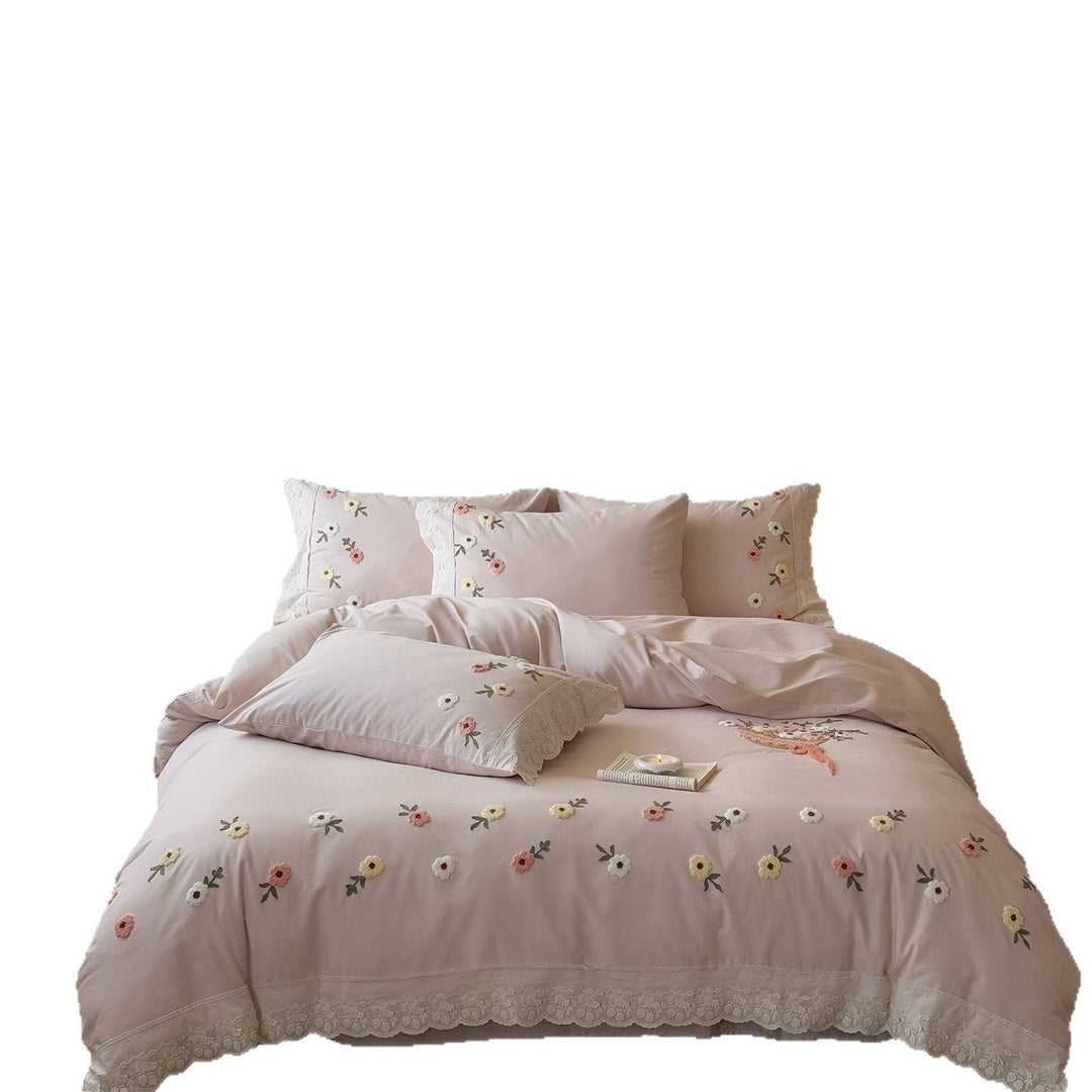 Cotton-Sateen Embroidered Scalloped Lace-Trim Duvet Cover Set with Garden Motif & Pillow Shams