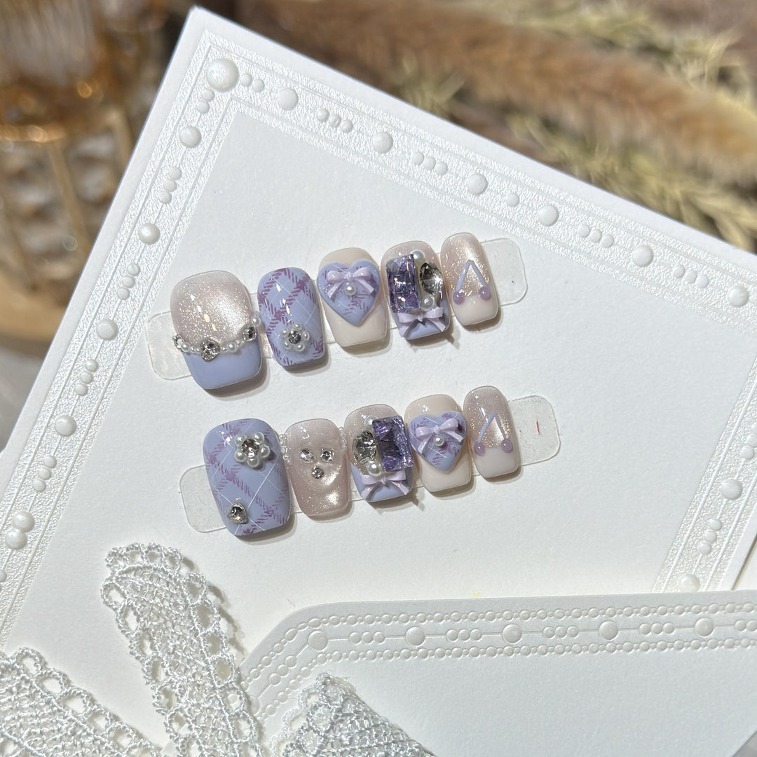 Decorative Luxury Press-On Nail Set with Elegant Bow and Gemstone Accents Stornfield