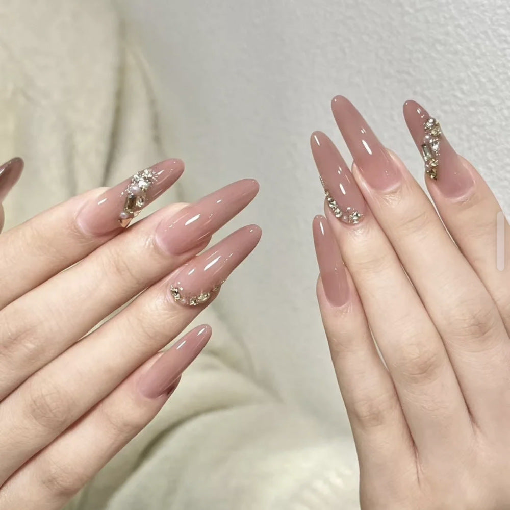 Premium Long Almond-Shaped Press-On Nail Set with Floral and Crystal Accents Stornfield