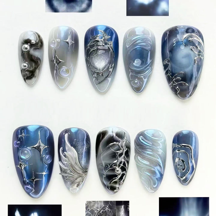 Artistic Press-On Nail Art Set with Elegant Blue Designs