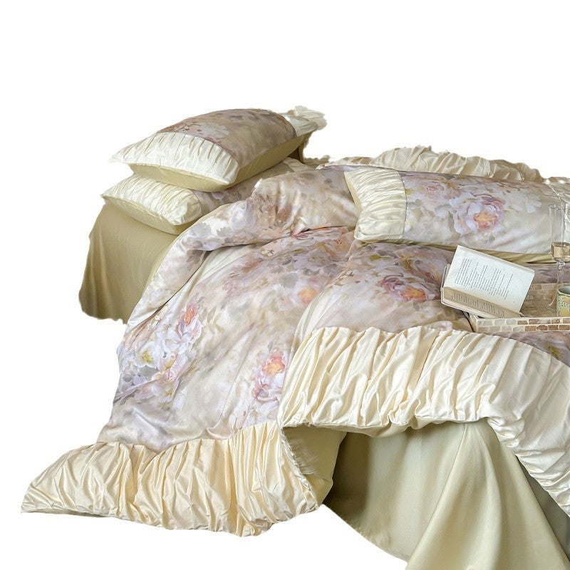 Pastel Watercolor Floral Satin-Trim Ruffled Duvet Cover Set