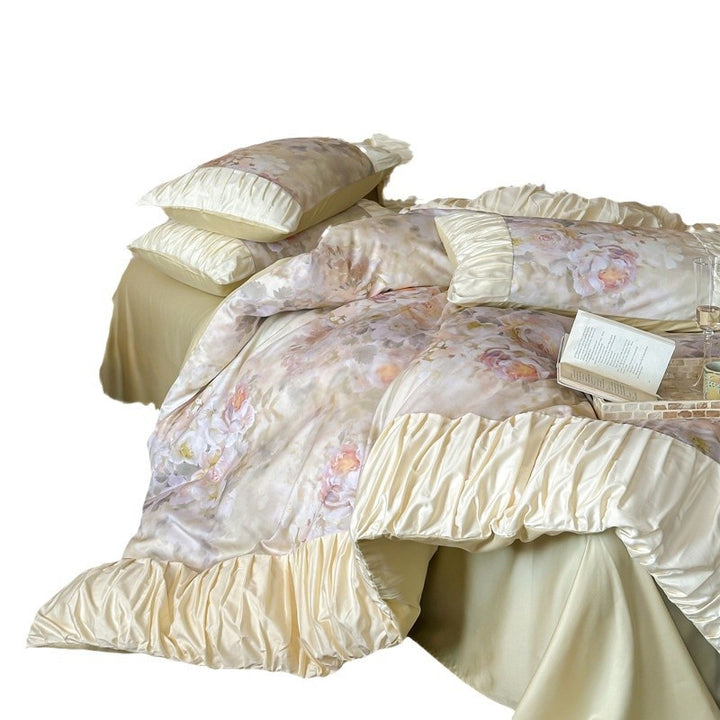 Pastel Watercolor Floral Satin-Trim Ruffled Duvet Cover Set