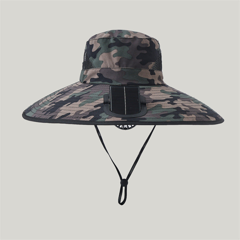 Wide-brimmed outdoor sun hat with solar-powered micro fan, breathable mesh and adjustable chin strap Stornfield