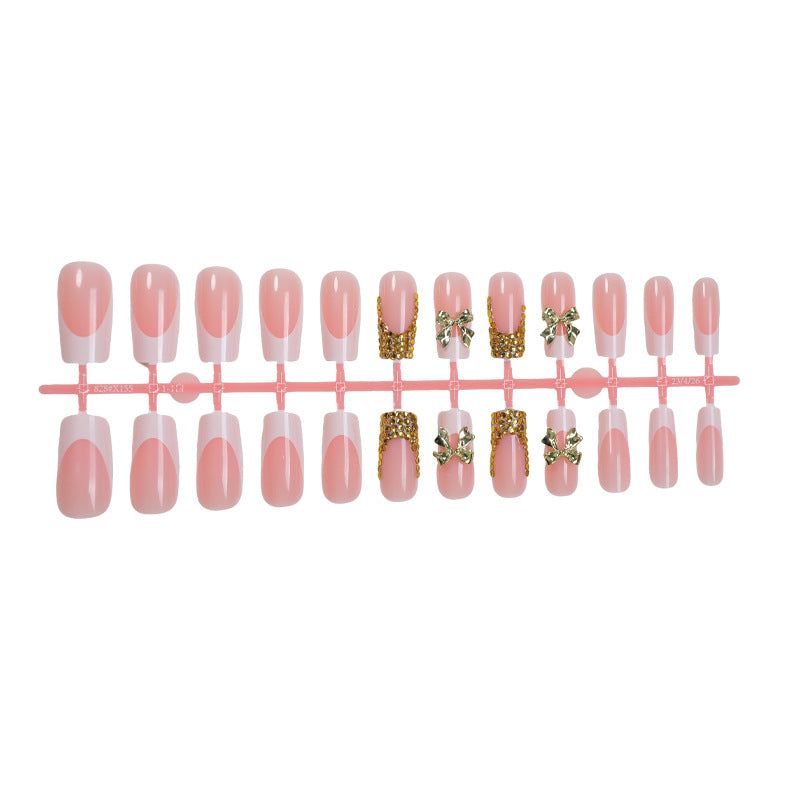 Decorative Press-On Nail Art Set with Elegant Bow and Gem Accents Stornfield