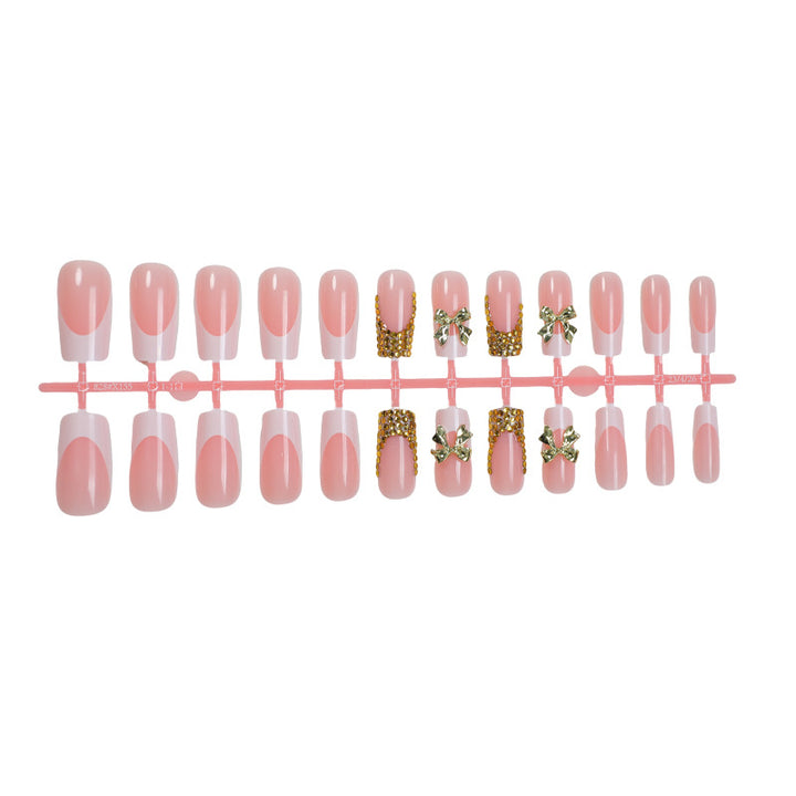 Decorative Press-On Nail Art Set with Elegant Bow and Gem Accents Stornfield