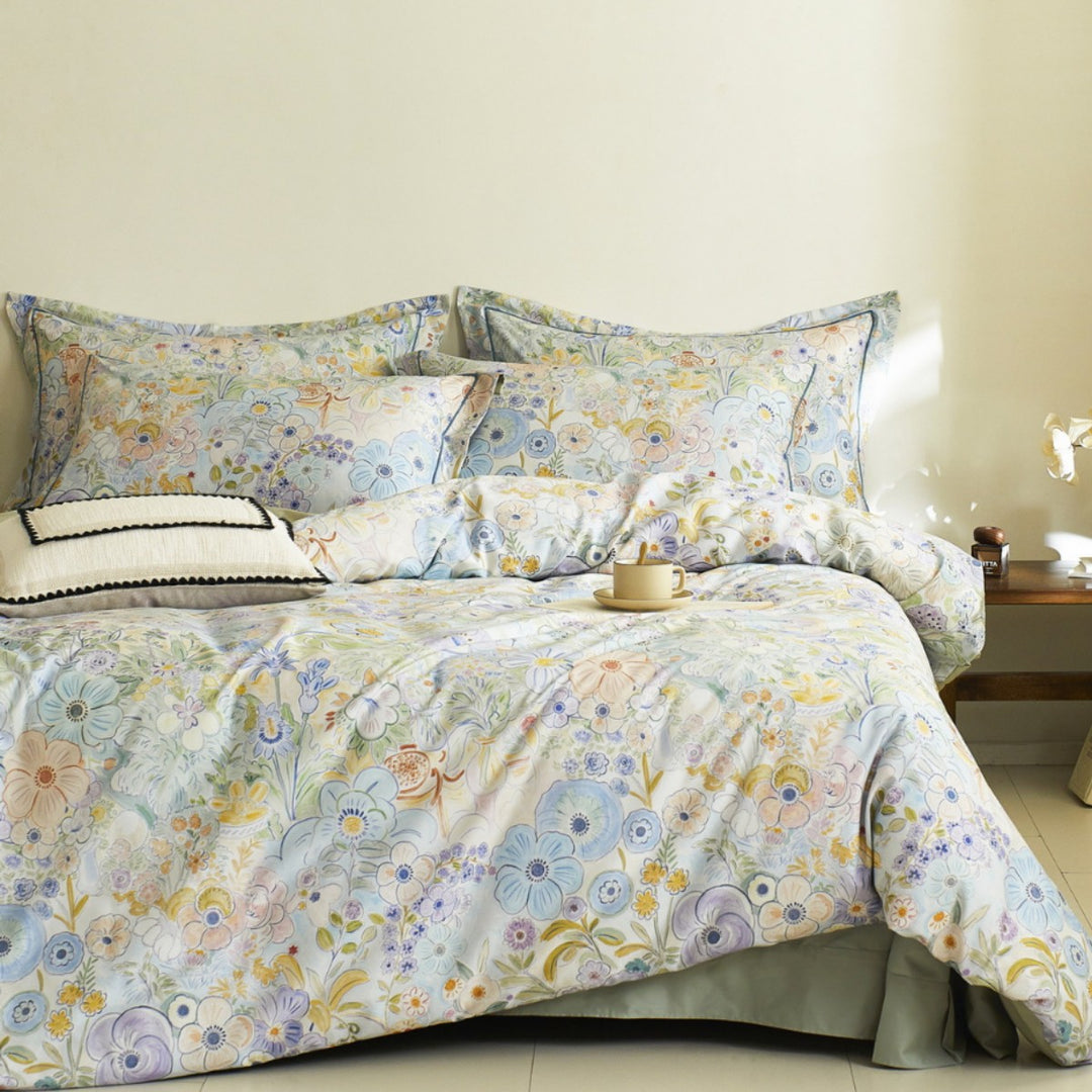 Children's duvet cover set made of cotton satin with watercolor forest animal illustrations and reversible function