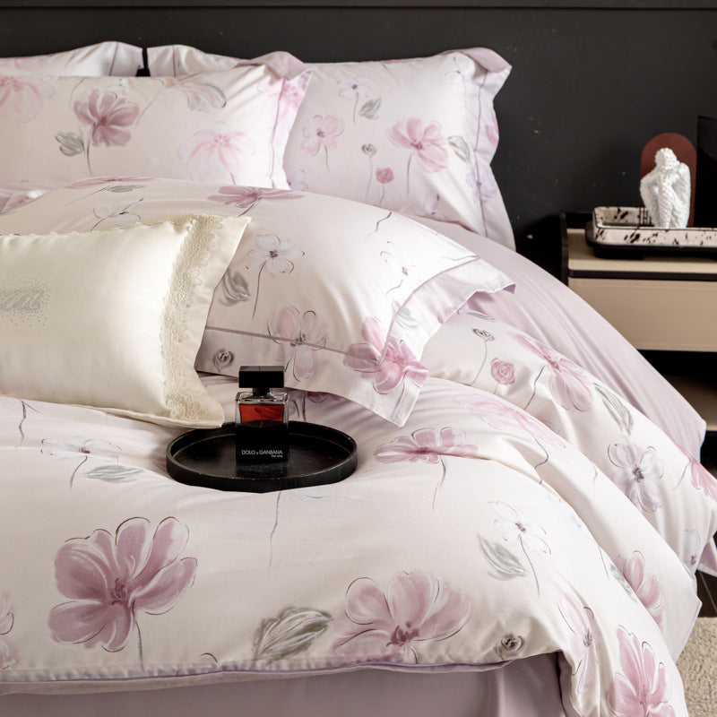 Luxurious cotton satin duvet cover set with watercolor flower pattern