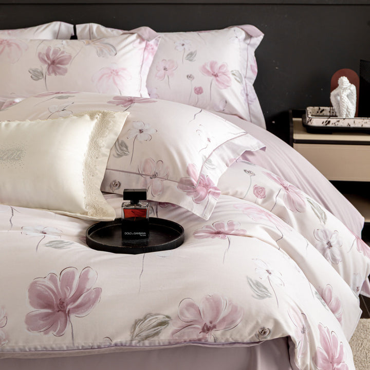 Luxurious cotton satin duvet cover set with watercolor flower pattern