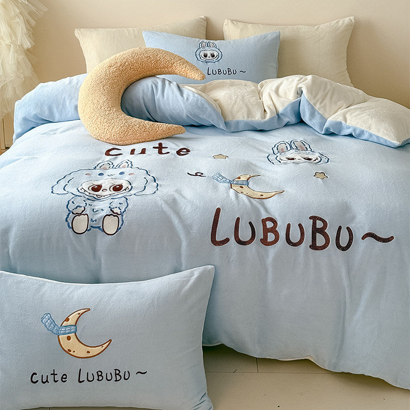 Plush Embroidered Duvet Cover Set with Rabbit Appliqué & Decorative Pillow Shams