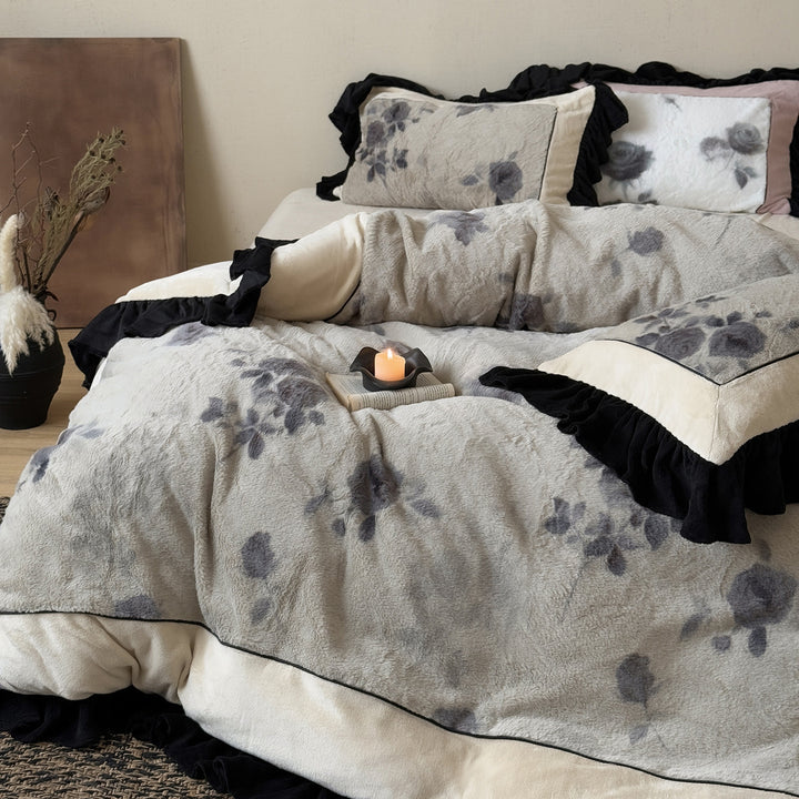 Plush Rose-Print Faux-Fur Quilted Duvet Cover & Ruffled Sham Set