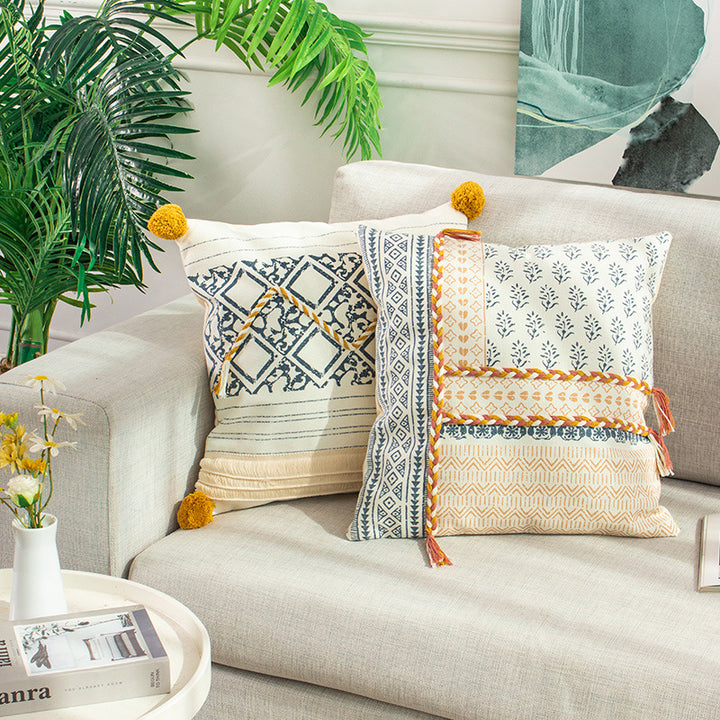 Woven decorative cushion cover in ethnic mix with braided ribbon and tassels Stornfield