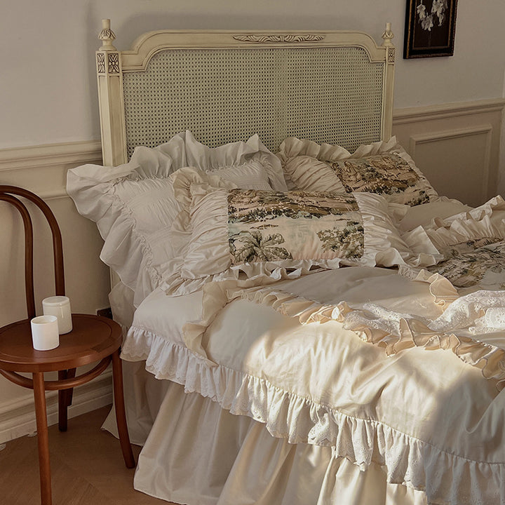 Romantic bedding set with ruffles and vintage toile print