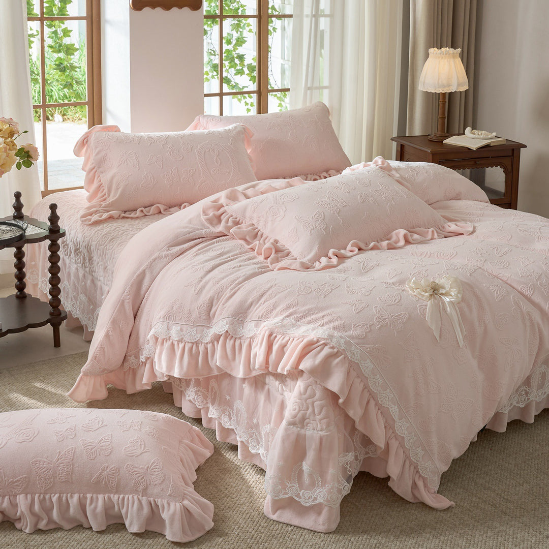Embroidered Butterfly Pattern Bedspread Set