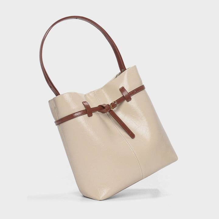 Structured Leather-Look Belted Bucket Tote Shoulder Bag