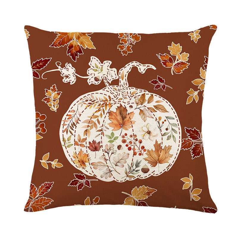 Square Cotton-Linen Autumn Botanical Pumpkin Accent Pillow Cover with Concealed Zipper