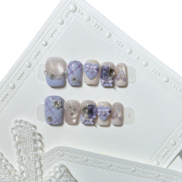 Decorative Luxury Press-On Nail Set with Elegant Bow and Gemstone Accents Stornfield