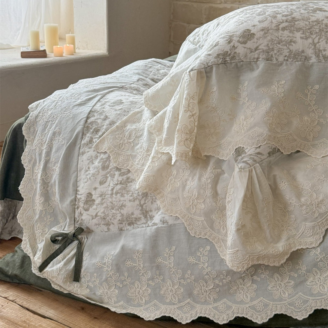 Floral Embroidered Cotton-Linen Duvet Cover Set with Lace Ruffle and Tie Closures