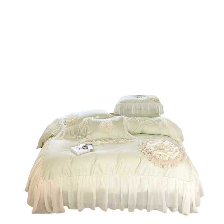 Romantic bedding set with chiffon ruffles and 3D flower appliqués